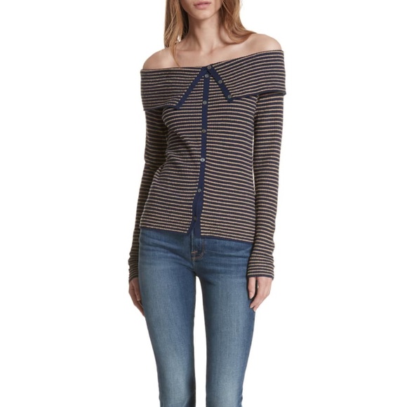 FRAME Striped Off-The-Shoulder Sweater, sz S - Picture 1 of 10